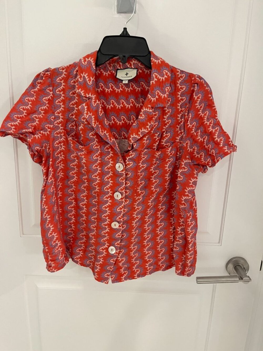 Tuckernuck Linen Blend Printed Red Button Down Blouse Top Shirt LARGE